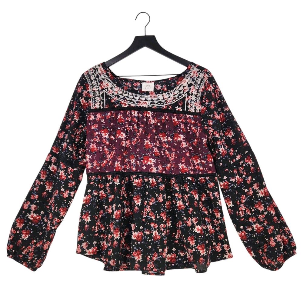 Knox‎ Rose Floral Chiffon Blouse Large Ruffled Crochet Embroidered Boho Flowy
